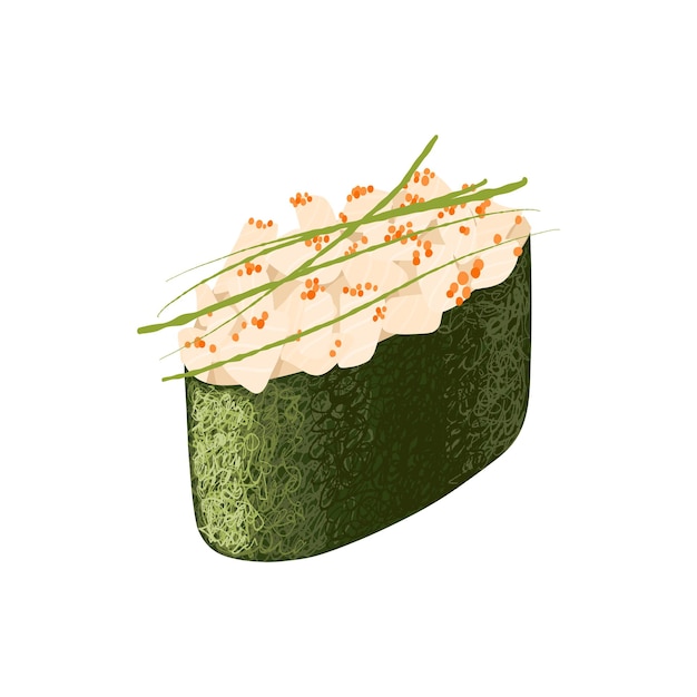 Gunkan Japonais Avec Une Coquille Saint-jacques Au Caviar De Masago Et Riz Enveloppé D'algues Nori. Clipart Vectoriel.