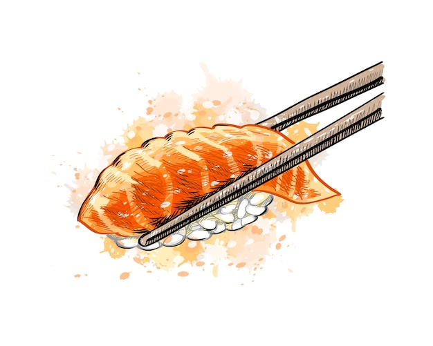 Gunkan Sushi Au Saumon D'une Touche D'aquarelle, Croquis Dessiné à La Main. Illustration De Peintures