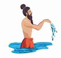 Vecteur guru spirituel sadhu dans la rivière donnant argya