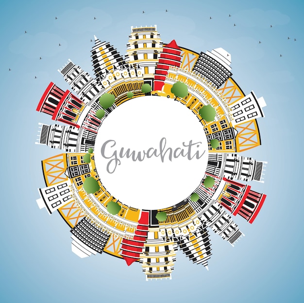 Guwahati Inde City Skyline Avec Bâtiments De Couleur, Ciel Bleu Et Espace De Copie. Illustration Vectorielle. Concept De Voyage D'affaires Et De Tourisme Avec Architecture Historique. Paysage Urbain De Guwahati Avec Points De Repère.