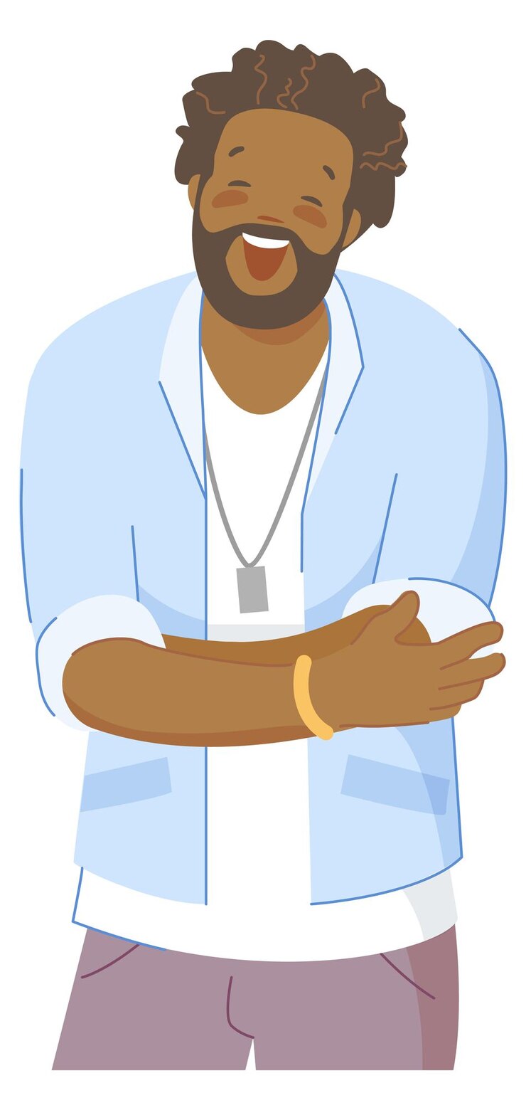 Vecteur guy africain en riant. gens hilarants rire fort, homme adulte debout, personnage drôle de dessin animé, blague bruyante, personne lol, illustration vectorielle