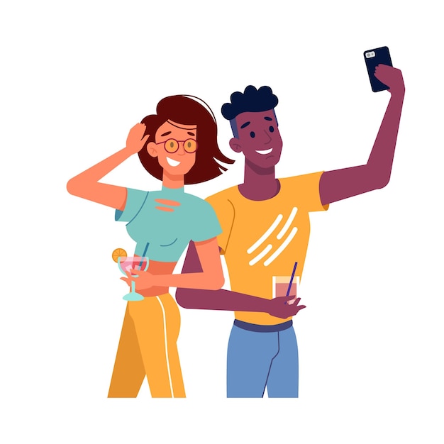 Vecteur guy et fille avec des cocktails prenant selfie au téléphone