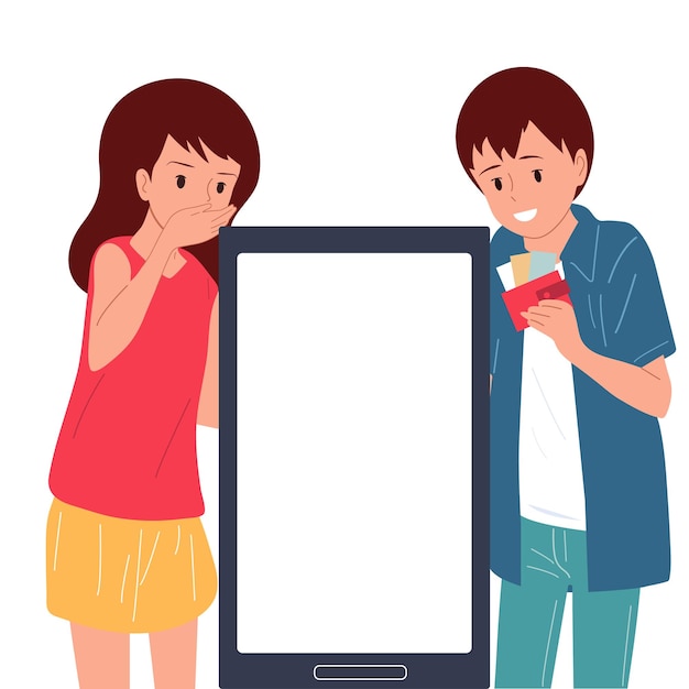 Guy Fille Et Smartphone Place Pour Le Texte Emotions Vector