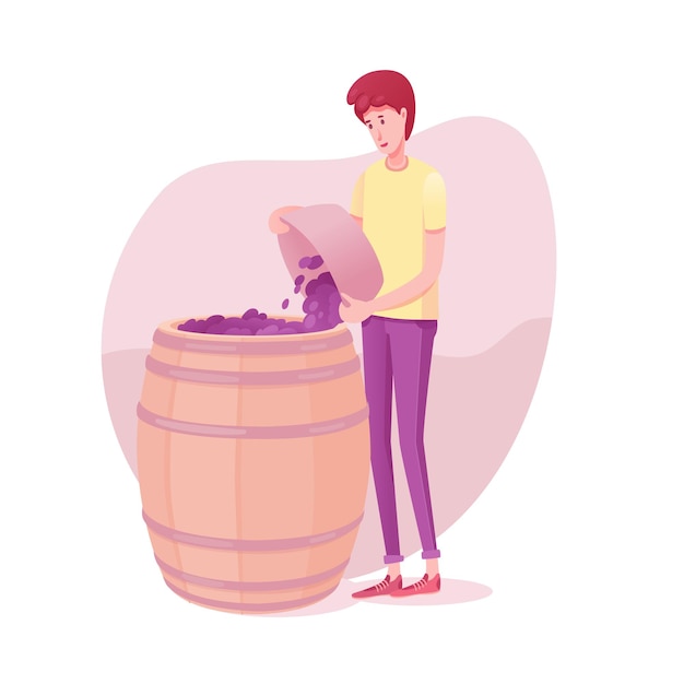 Vecteur guy mettant des raisins à l'illustration du tonneau, processus de vinification