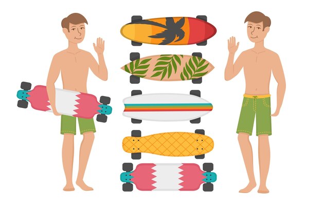 Guy Avec Une Planche à Roulettes Dans Ses Mains Flat Doodle Clipart Tous Les Objets Sont Repeints