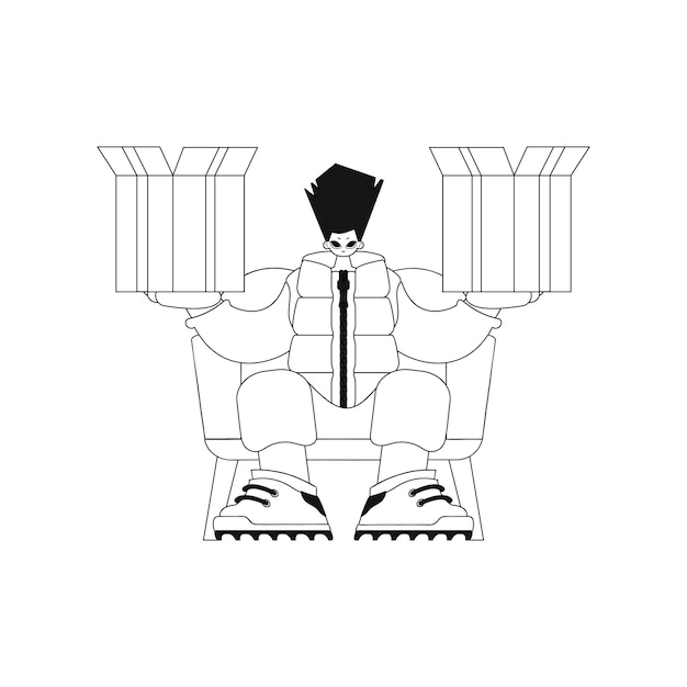 Guy tient le colis entre les mains. Service de livraison. Conception simple. Image vectorielle.