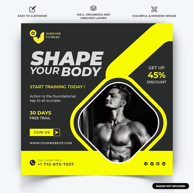 Gym And Fitness Instagram Poster Vecteur De Modèle De Bannière Web Vecteur Premium