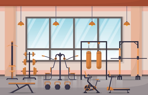 Gym Center Interior Sport Club Fitness Weight Bodybuilding Equipment Illustration