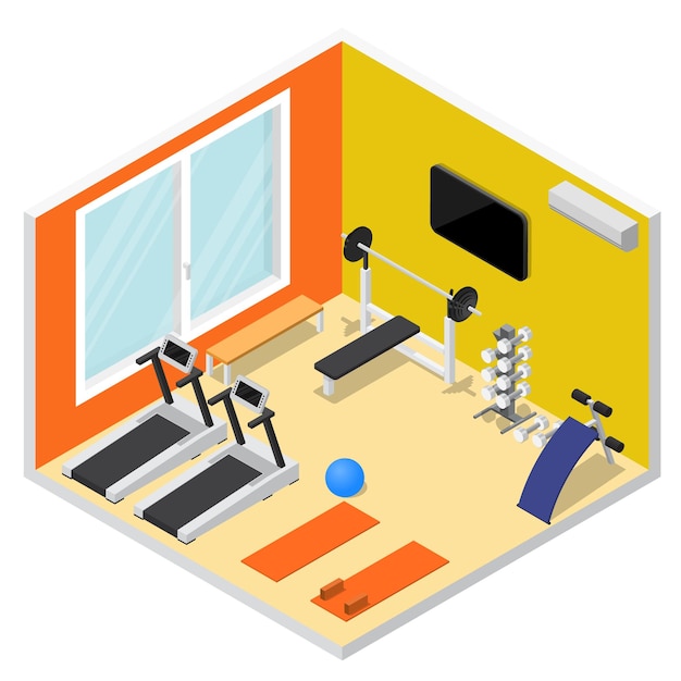 Gymnase intérieur avec vue isométrique d'équipement d'exercice pour le sport, la remise en forme