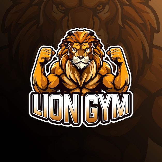 Vecteur gymnase lion avec biceps doubles avant pose logo de la mascotte texte modifiable