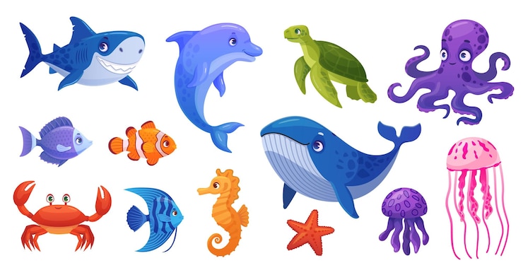 Vecteur les habitants sous-marins les animaux aquatiques de dessins animés habitent la nature marine les poissons adorables les créatures de l'océan les personnages d'animaux marins mignons le crabe le calmar la pieuvre l'illustration vectorielle ingénieuse