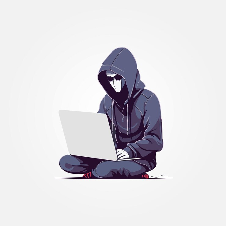 Vecteur hacker assis à l'aide d'un ordinateur portable pour commettre un cybercrime