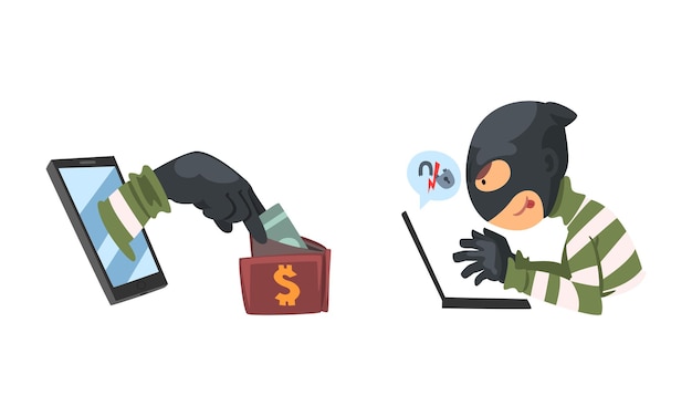 Hacker dans le masque noir cassant le mot de passe et le vecteur de sécurité mobile