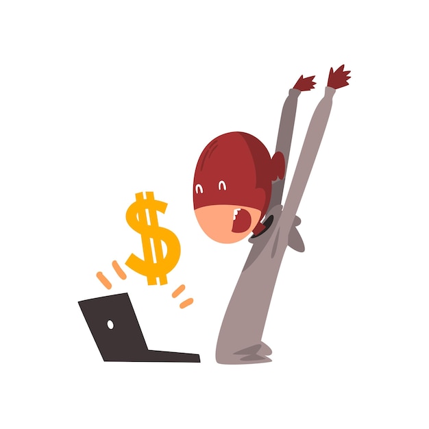 Hacker masqué volant de l'argent à l'aide d'un ordinateur portable Crime Internet Technologie de sécurité informatique Illustration vectorielle de dessin animé sur fond blanc