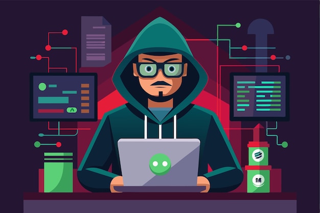Un hacker s'engage avec son ordinateur portable dans un espace de travail faiblement éclairé rempli d'affichages de données Hacker Customizable Semi Flat Illustration