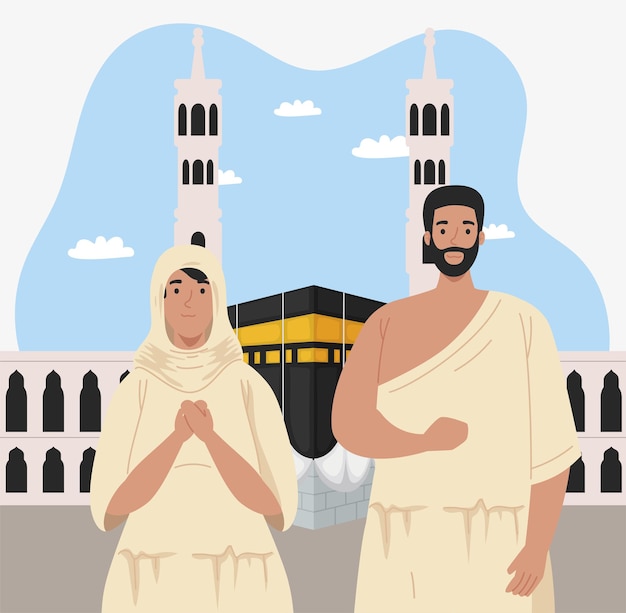 Vecteur hajj mabrur couple avec la mecque de la kaaba