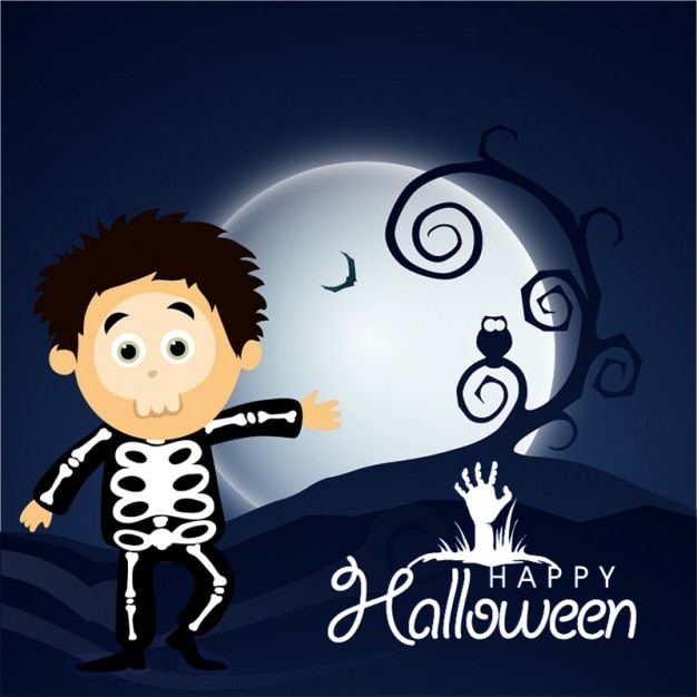 Vecteur halloween arrière-plan de l'enfant avec le costume squelette