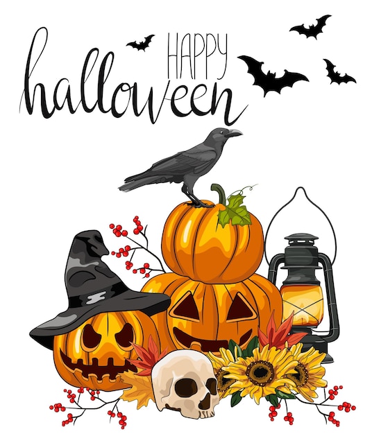 Halloween Automne Illustration Vectorielle De Dessin Animé Créatif. Lanternes Jack Avec Lampe à Pétrole, Tournesols