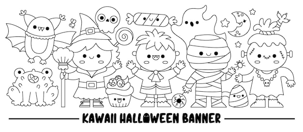 Halloween Bannière Horizontale Noir Et Blanc Avec Des Personnages Kawaii Mignons Pour Les Enfants Ligne Vectorielle Sorcière Debout Avec Vampire Momie Chauve-souris Grenouille Fantôme Drôle Truc Ou Traiter Coloriage Page