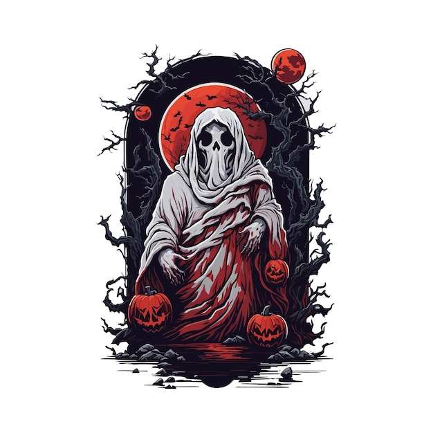 Halloween effrayant sorcière pleine lune rouge illustration vectorielle pour autocollant de conception de t-shirt