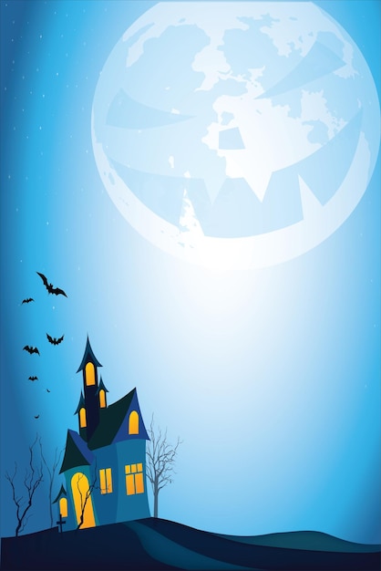 Vecteur halloween heureux avec des symboles traditionnels maison hantée maison effrayante chauve-souris lunaire effrayante