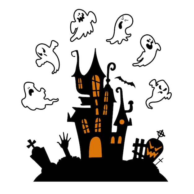 Vecteur halloween illustration creepy halloween castle collection de griffonnages fantomatiques