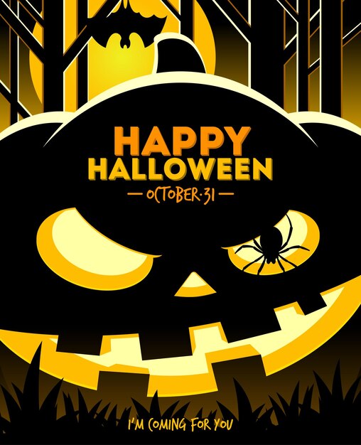 Halloween Illustration Jack O Lantern Souriant Citrouille Dans La Forêt De Nuit