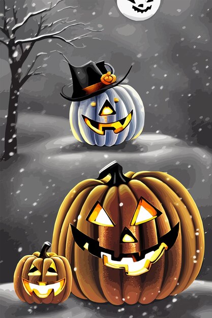 Vecteur halloween jack o lantern dans la neige illustration vectorielle verticale citrouilles orange dans le jardin pour