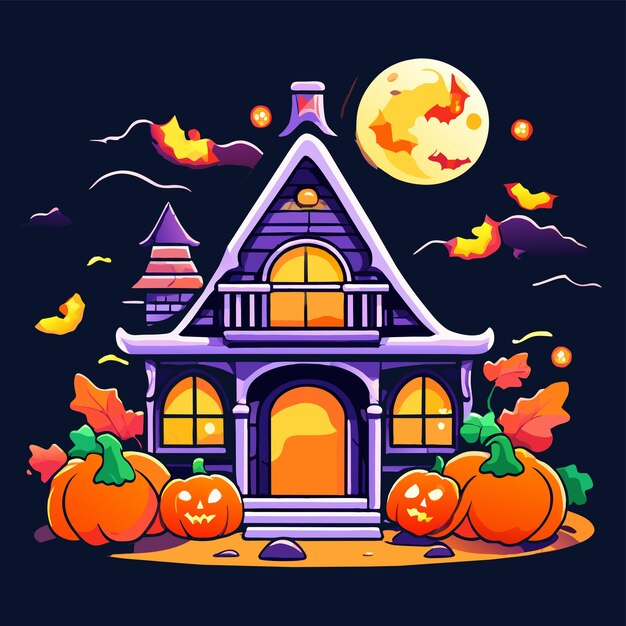 Halloween Maison Château Citrouille Chauve-souris Dessinée à La Main Plat Stylé Autocollant Dessin Animé Concept D'icône Isolé