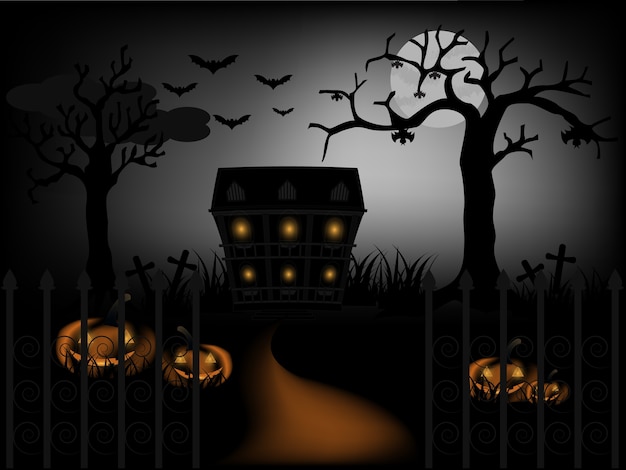 Halloween et sombre château sur fond noir de lune, illustration.