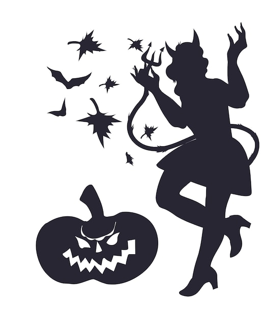 Halloween Sorcière Diable Femme Silhouette Noire Près De Citrouille Monstre, Vecteur.