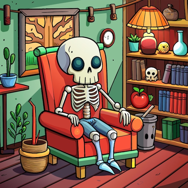Vecteur halloween squelette crâne jour des morts dessin de main personnage de dessin animé autocollant icône concept isolé