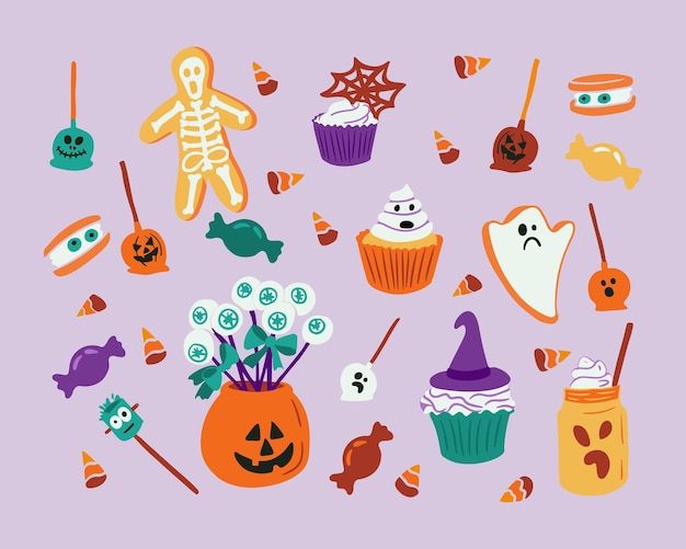 Halloween trick or Treat bonbons effrayants clipart illustrations vectorielles plates dans un style minimaliste audacieux