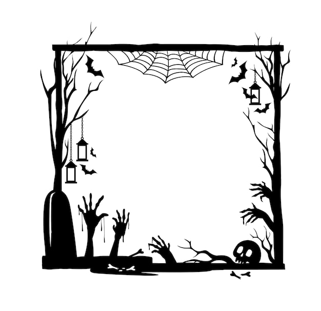 Vecteur halloween vacances cadre noir isolé vecteur étrange bordure décorative carrée avec un tombeau de cimetière effrayant hantant les mains de zombies chauves-souris crâne toile d'araignée et lanternes suspendues sur des branches d'arbre effrayantes