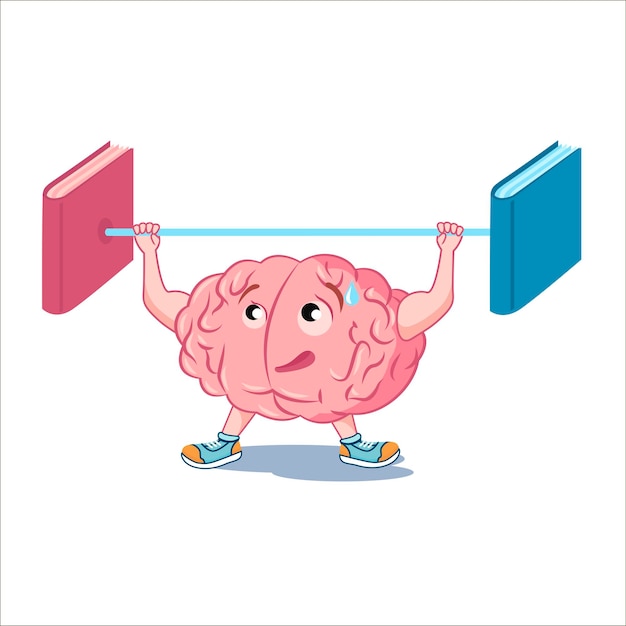 L'haltérophile cérébral. Le cerveau devient plus fort avec l'aide de la lecture de livres. Caractère vectoriel, icône, adapté au logo des cours de lecture, de la formation en lecture rapide, de l'école, etc.