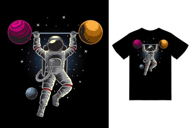 Vecteur haltérophilie astronaute dans l'illustration de l'espace avec vecteur premium de conception de tshirt