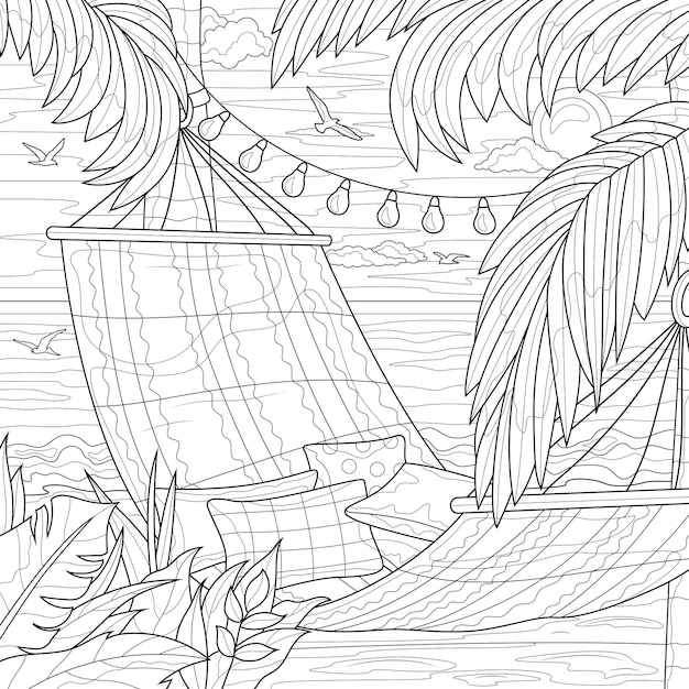 Vecteur hamac au bord de la mer et des palmiers livre de coloriage antistress pour enfants et adultes