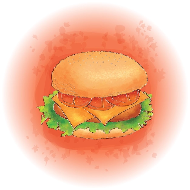 Vecteur hamburger aquarelle avec viande, fromage, laitue et tomates graphics 01