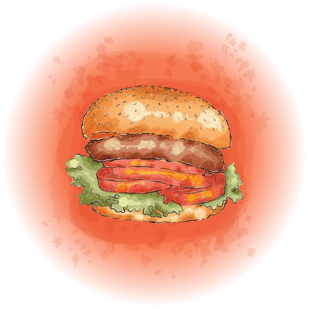 Vecteur hamburger aquarelle avec viande, fromage, laitue et tomates graphics 06