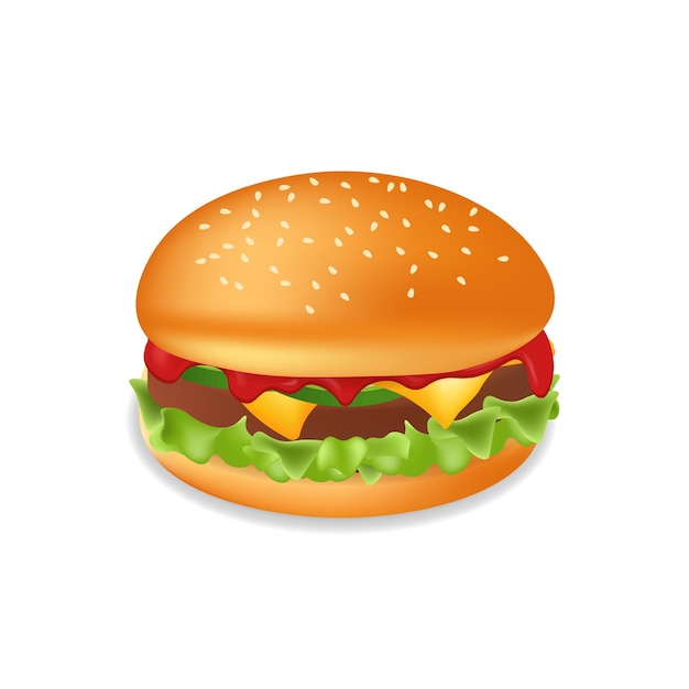 Vecteur hamburger ou cheeseburger réaliste avec de la viande et du fromage illustration d'un repas de restauration rapide