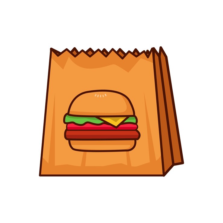 Hamburger dans l'illustration de dessin animé d'emballage de sac en papier