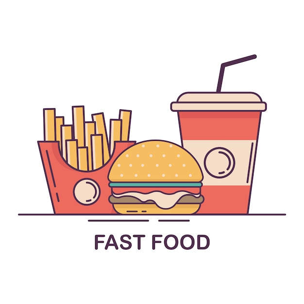 Vecteur hamburger, frites et soda. illustration vectorielle de fast-food design plat.