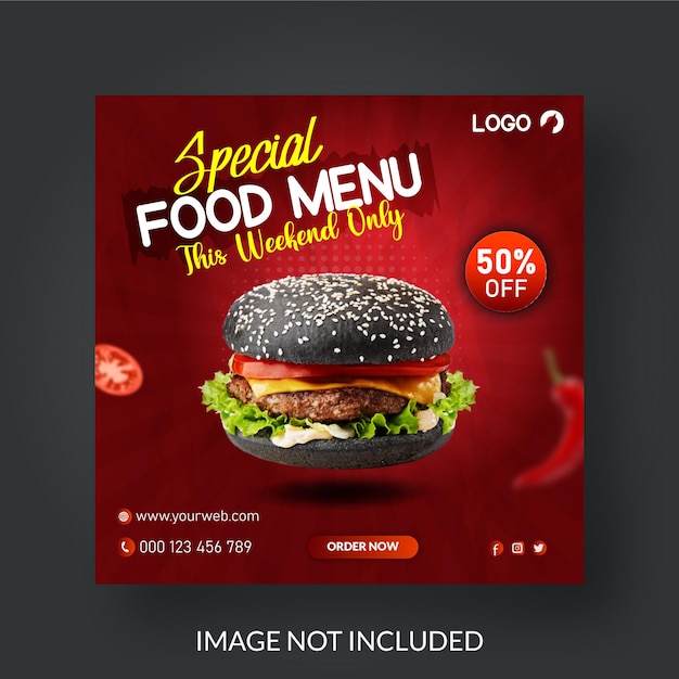 Des hamburgers délicieux et un menu de nourriture sur les réseaux sociaux
