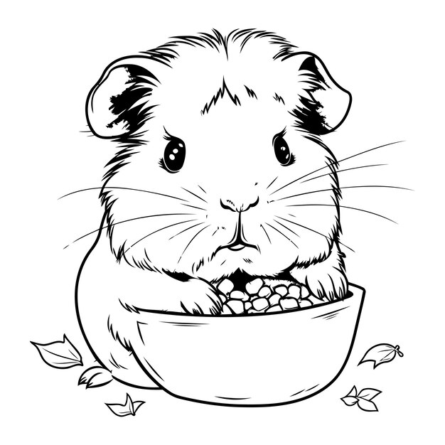 Vecteur hamster avec bol de nourriture illustration vectorielle noir et blanc