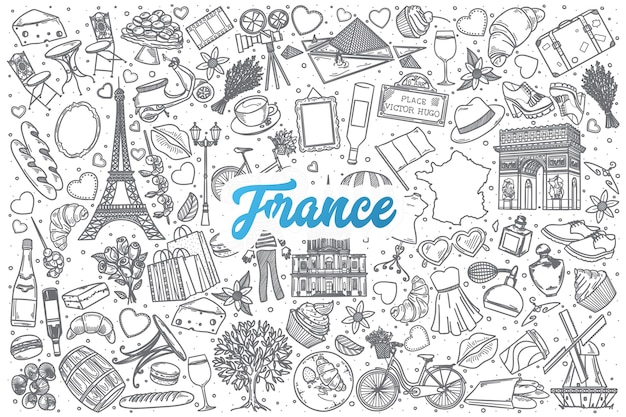 Hand drawn France doodle set background avec lettrage bleu
