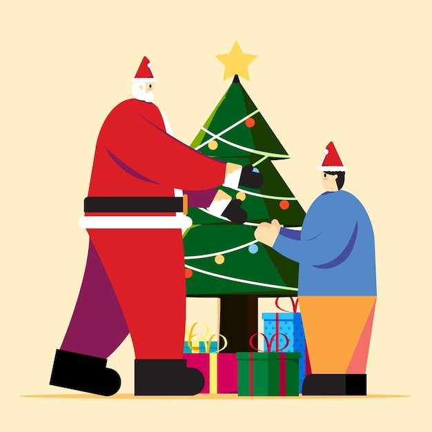 Vecteur hand drawn illustration christmas santa want to hug kid avec arbre de noël