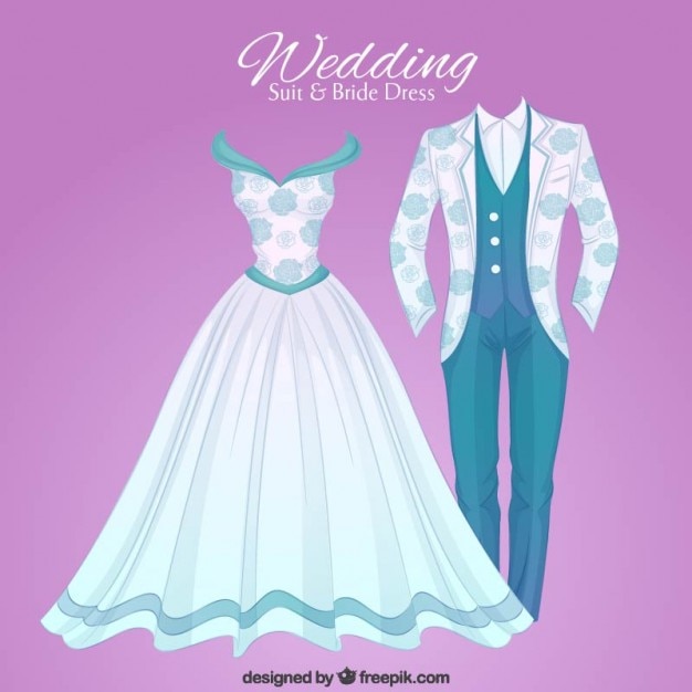 Vecteur hand drawn opulent costume de mariage et robe brid