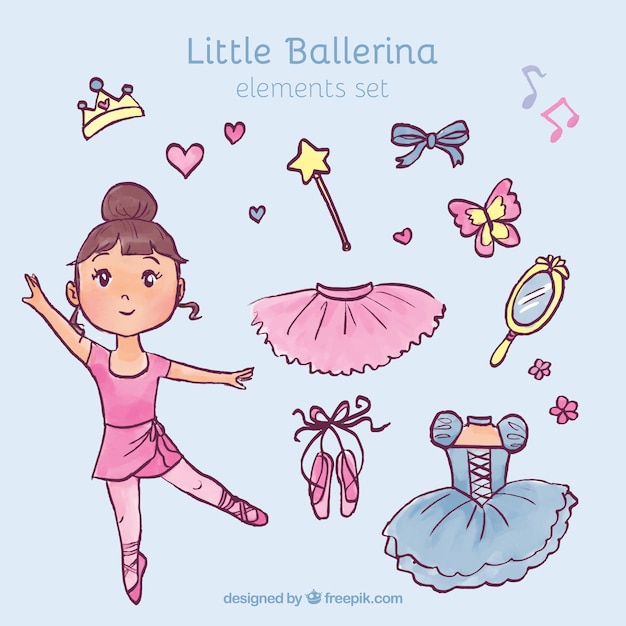 Hand drawn petite ballerine avec ses éléments