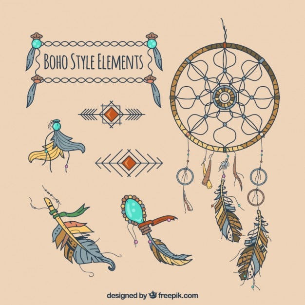 Vecteur hand drawn plumes et éléments de boho