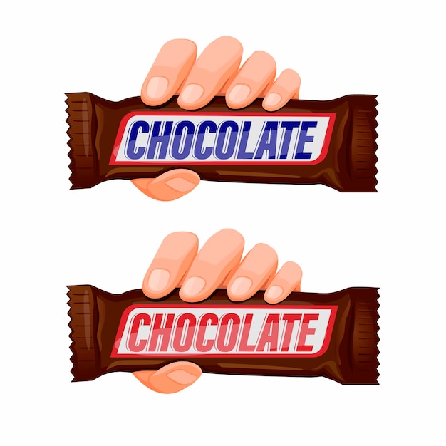 Hand Holding Chocolate Snack Bar Icon Set Concept En Illustration De Dessin Animé En Fond Blanc